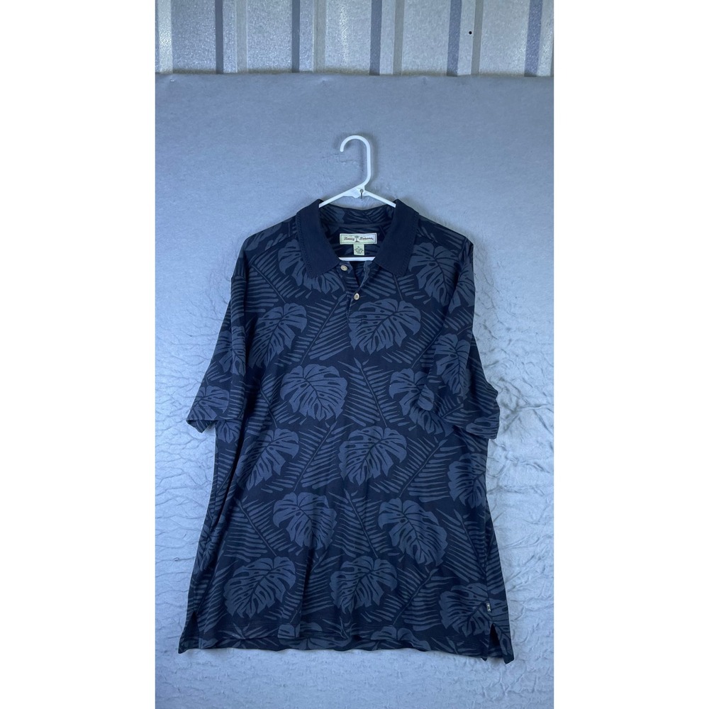Tommy Bahama Polo Shirt Mens XL Black Excellent Silk Blend Palm Leaf Print